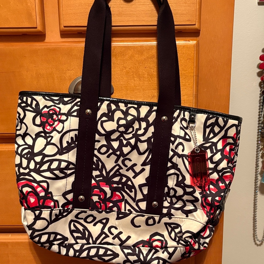 Coach Black and Red Floral Tote Bag